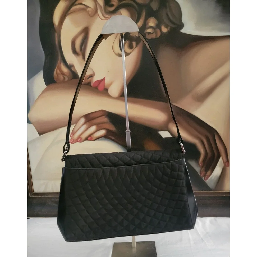 Bally Blk Quilt Nylon Leather Trim‎ Shoulder Bag Silver Hardware Handbag vintage